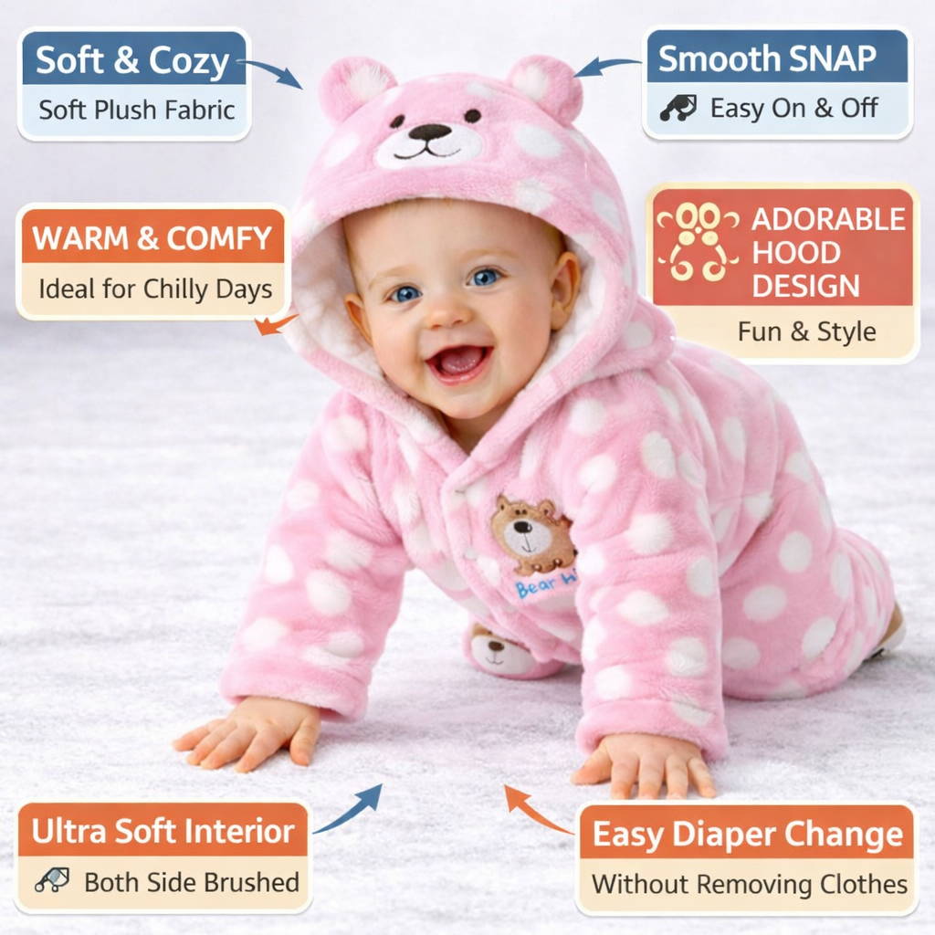 BRANDONN Baby Fleece Hooded Winter Romper | Newborn Polka Print Onesie with Snap Buttons