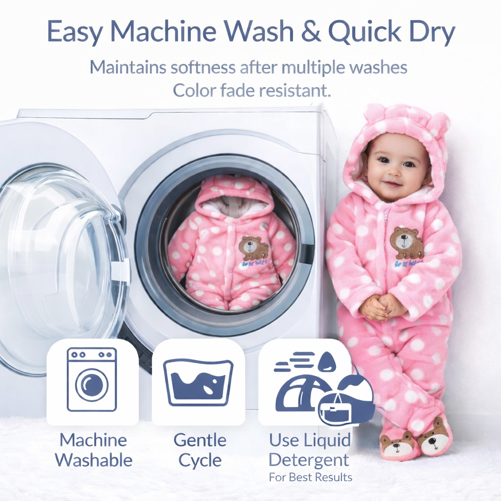 BRANDONN Baby Fleece Hooded Romper – Winter Newborn Onesie with Snap Buttons, Polka Print