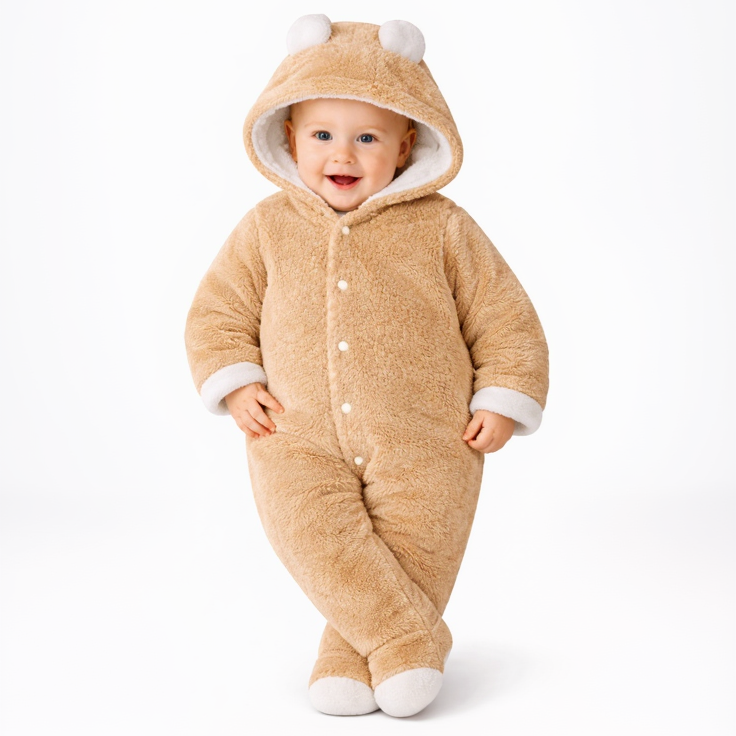 BRANDONN Baby Flannel Hooded Winter Romper – Newborn Jumpsuit Onesie with Snap Button (Solid)