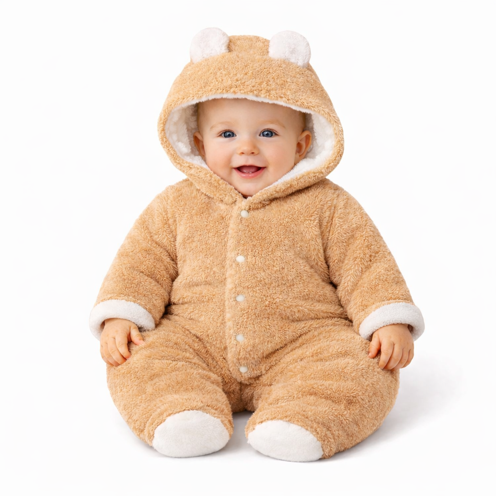 BRANDONN Baby Flannel Hooded Winter Romper – Newborn Jumpsuit Onesie with Snap Button (Solid)