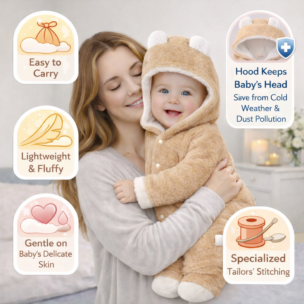 BRANDONN Baby Flannel Hooded Winter Romper – Newborn Jumpsuit Onesie with Snap Button (Solid)