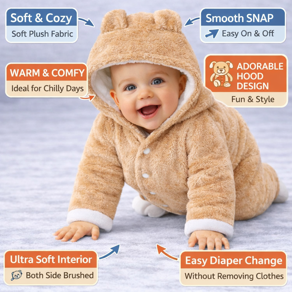 BRANDONN Baby Flannel Hooded Winter Romper – Newborn Jumpsuit Onesie with Snap Button (Solid)