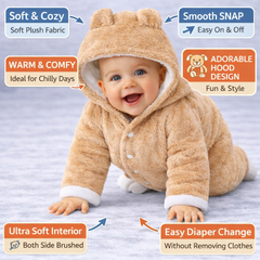 BRANDONN Baby Flannel Hooded Winter Romper – Newborn Jumpsuit Onesie with Snap Button (Solid)