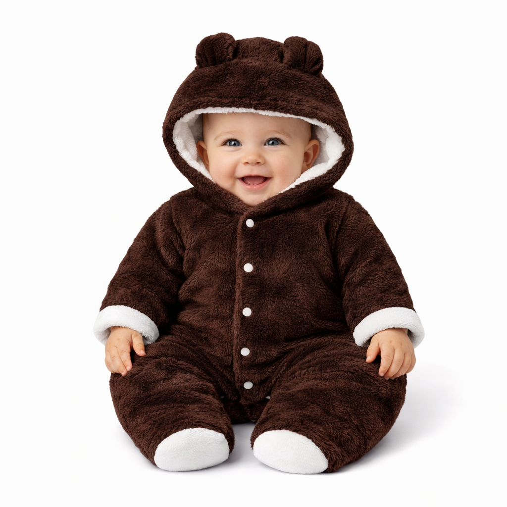 BRANDONN Baby Flannel Hooded Winter Romper – Newborn Jumpsuit Onesie with Snap Button (Solid)