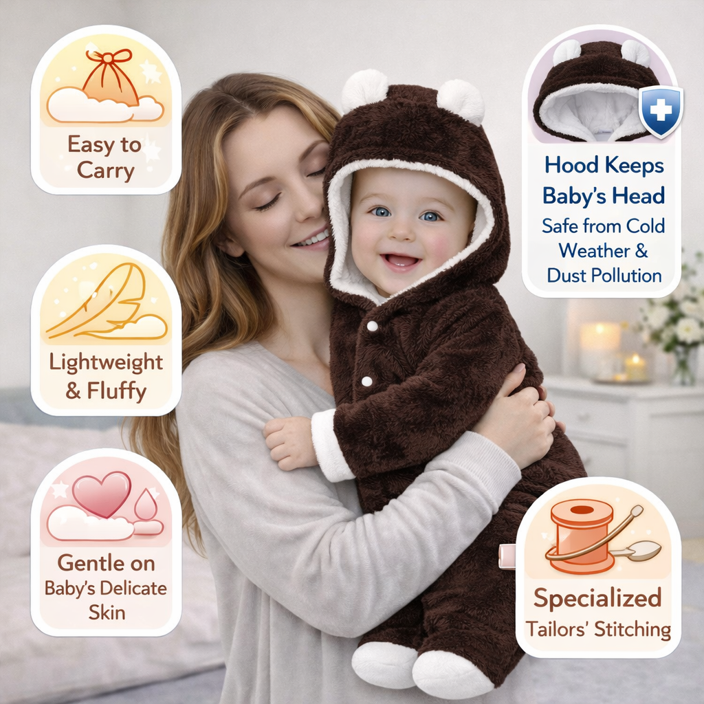BRANDONN Baby Flannel Hooded Winter Romper – Newborn Jumpsuit Onesie with Snap Button (Solid)