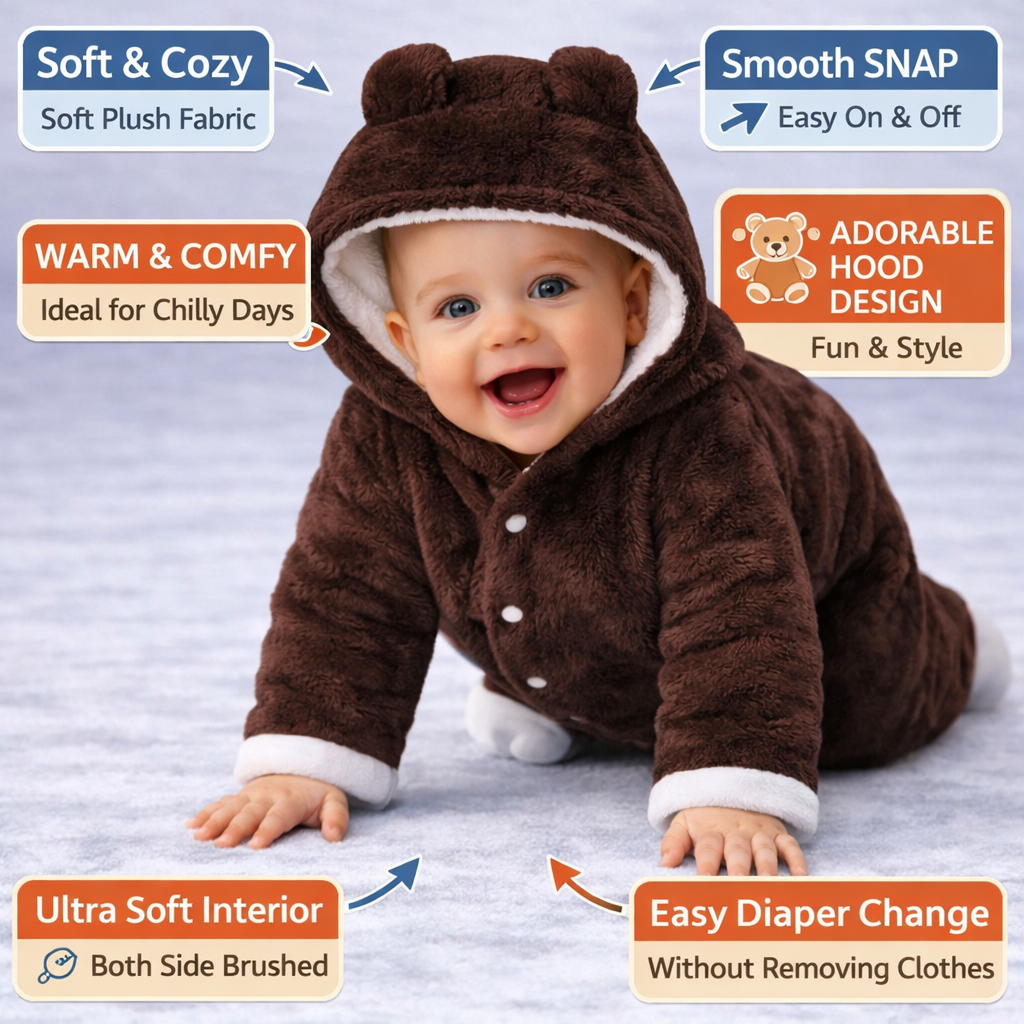 BRANDONN Baby Flannel Hooded Winter Romper – Newborn Jumpsuit Onesie with Snap Button (Solid)