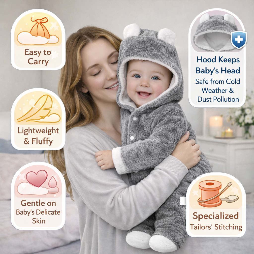 BRANDONN Baby Flannel Hooded Winter Romper – Newborn Jumpsuit Onesie with Snap Button (Solid)