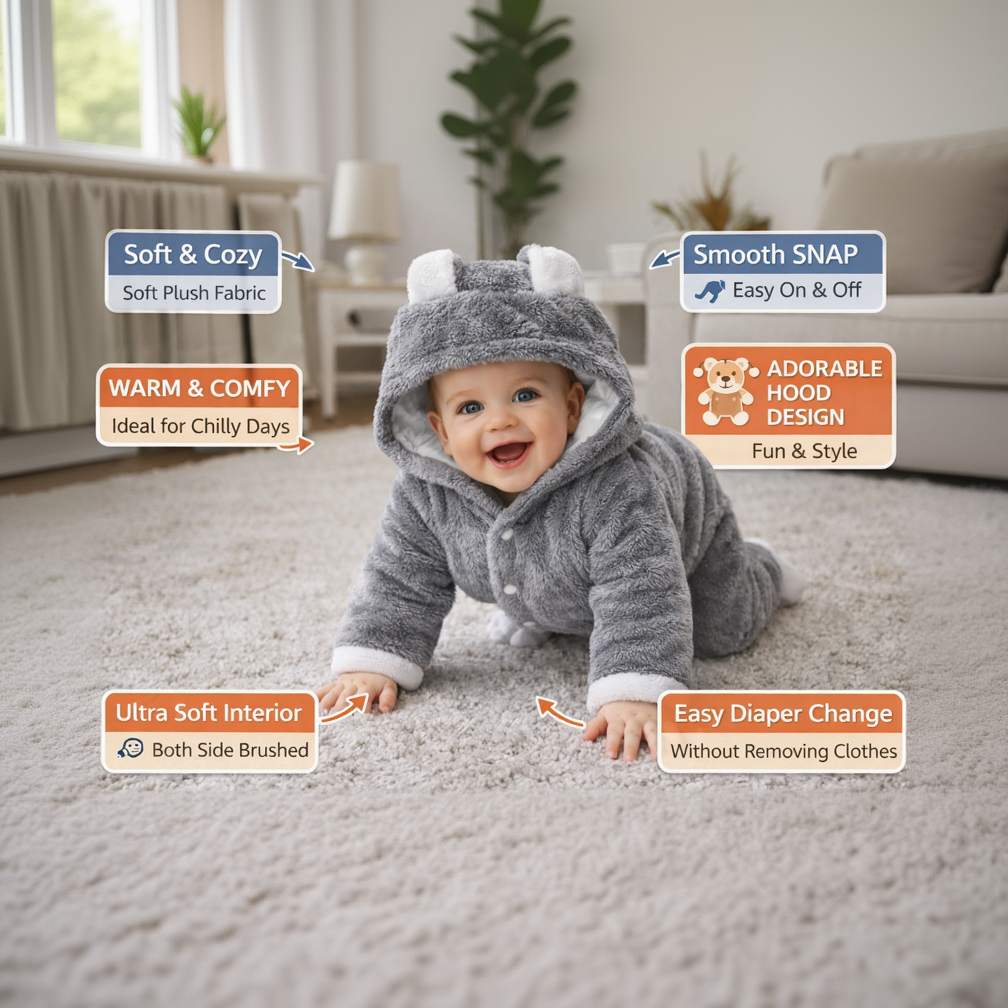 BRANDONN Baby Flannel Hooded Winter Romper – Newborn Jumpsuit Onesie with Snap Button (Solid)
