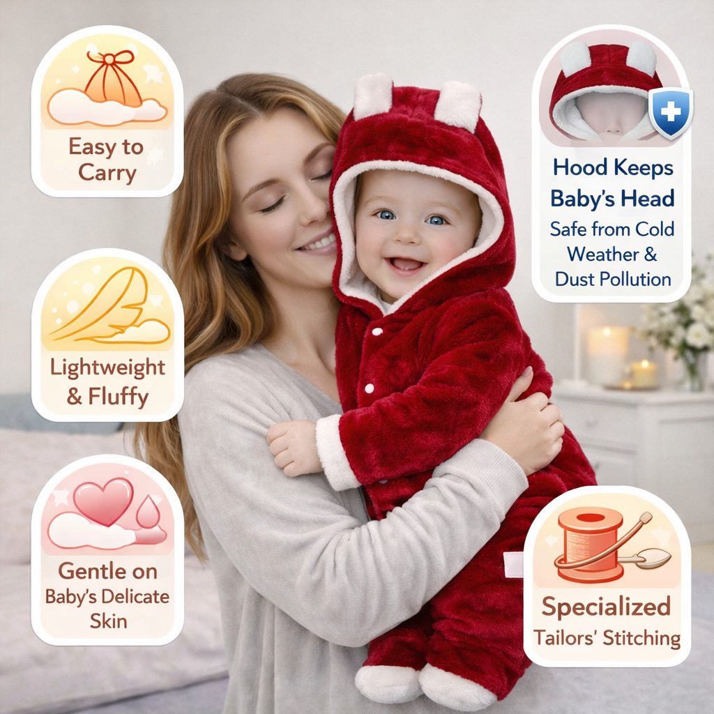 BRANDONN Baby Flannel Hooded Winter Romper – Newborn Jumpsuit Onesie with Snap Button (Solid)