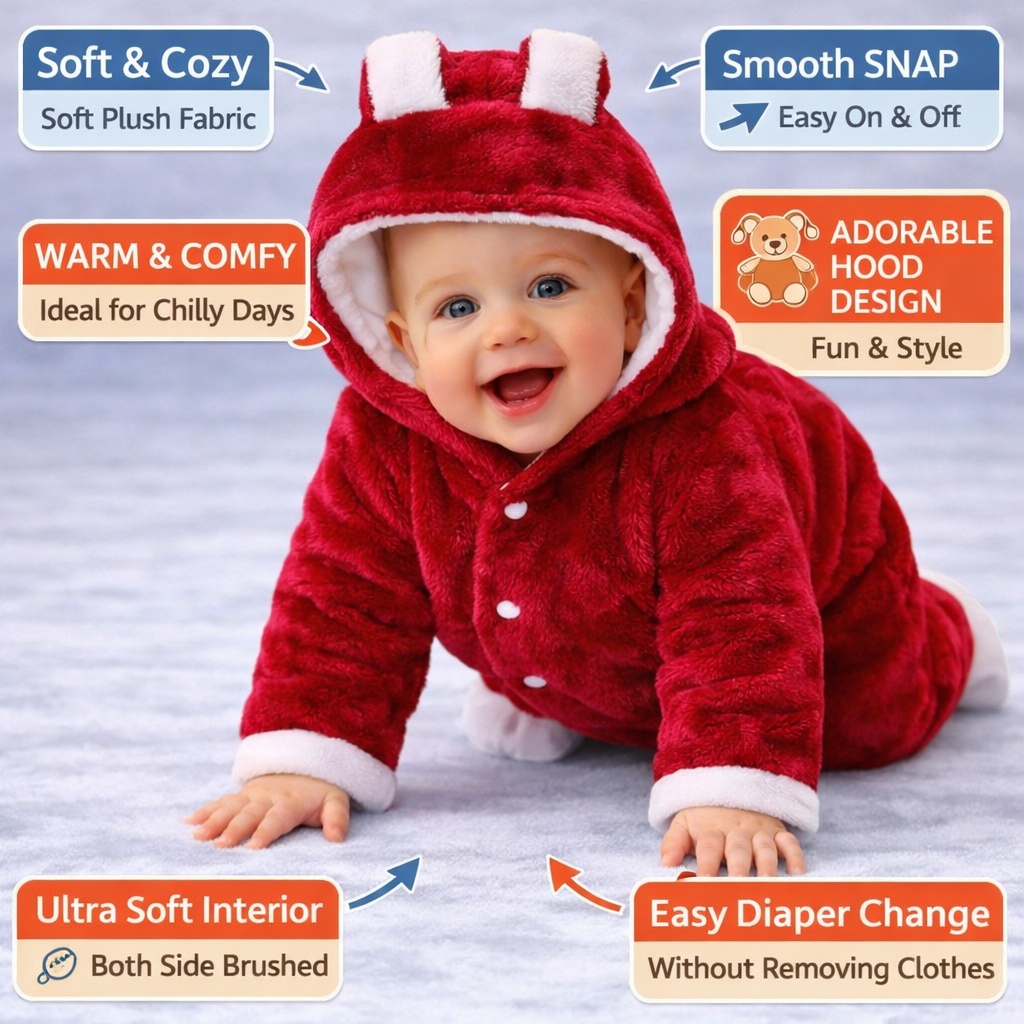 BRANDONN Baby Flannel Hooded Winter Romper – Newborn Jumpsuit Onesie with Snap Button (Solid)