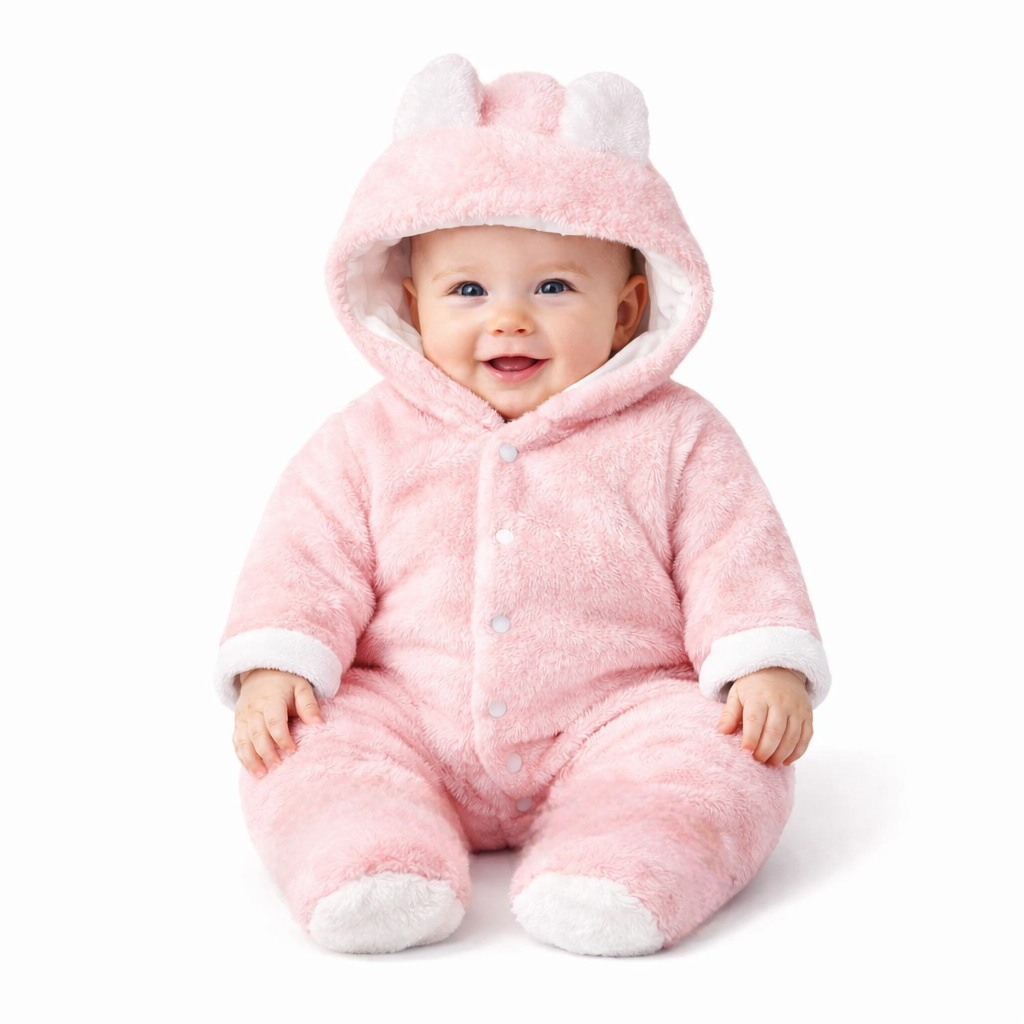 BRANDONN Baby Flannel Hooded Winter Romper – Newborn Jumpsuit Onesie with Snap Button (Solid)