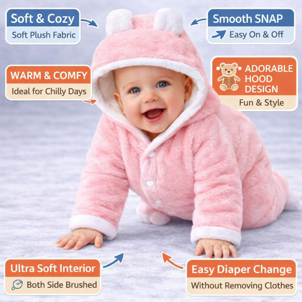 BRANDONN Baby Flannel Hooded Winter Romper – Newborn Jumpsuit Onesie with Snap Button (Solid)