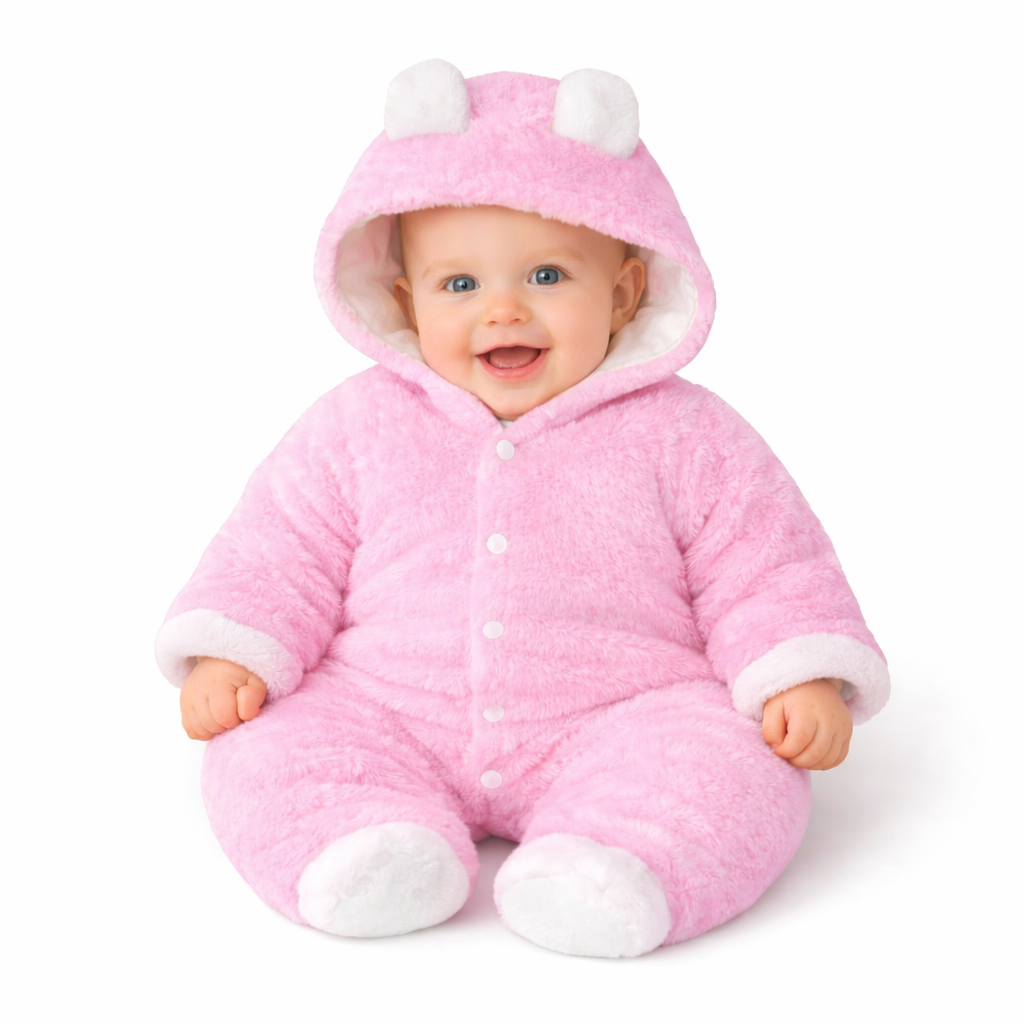 BRANDONN Baby Flannel Hooded Winter Romper – Newborn Jumpsuit Onesie with Snap Button (Solid)