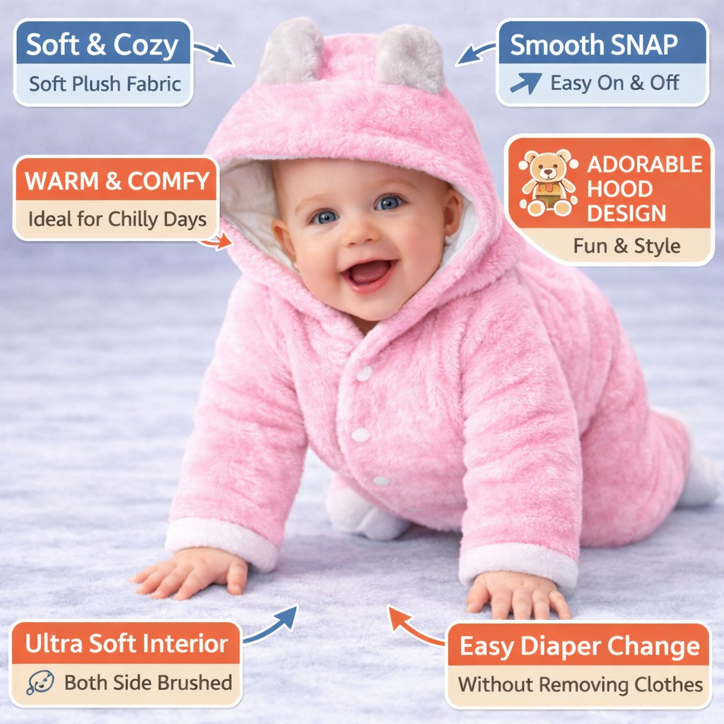 BRANDONN Baby Flannel Hooded Winter Romper – Newborn Jumpsuit Onesie with Snap Button (Solid)