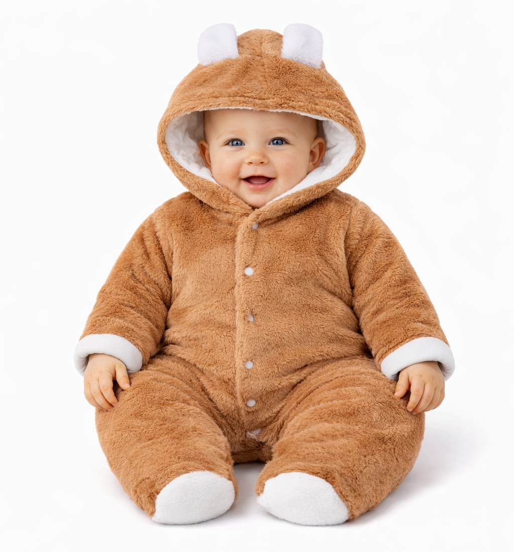 BRANDONN Baby Flannel Hooded Winter Romper – Newborn Jumpsuit Onesie with Snap Button (Solid)