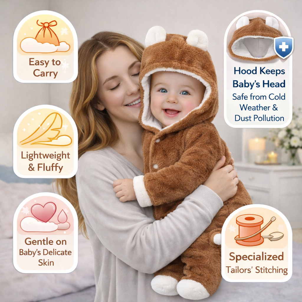 BRANDONN Baby Flannel Hooded Winter Romper – Newborn Jumpsuit Onesie with Snap Button (Solid)