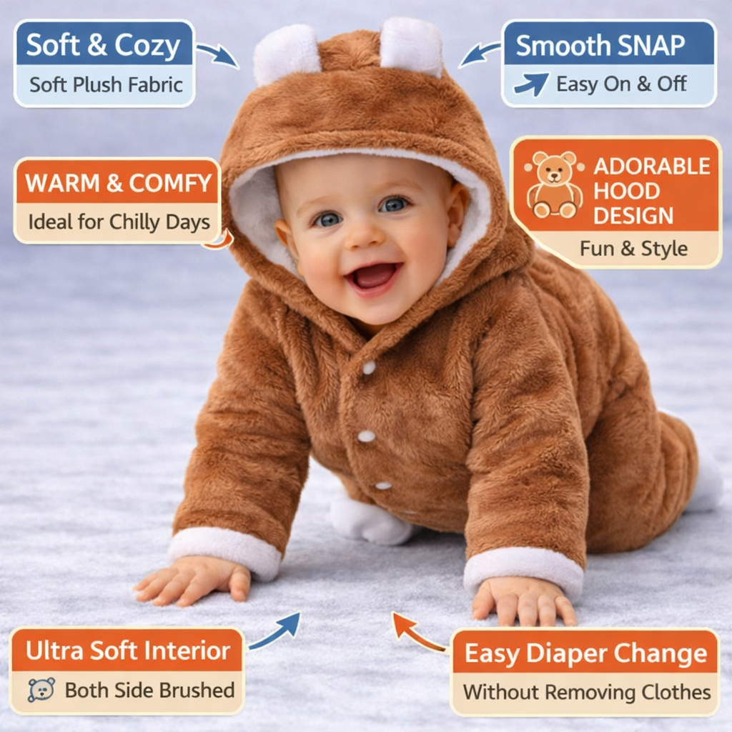 BRANDONN Baby Flannel Hooded Winter Romper – Newborn Jumpsuit Onesie with Snap Button (Solid)