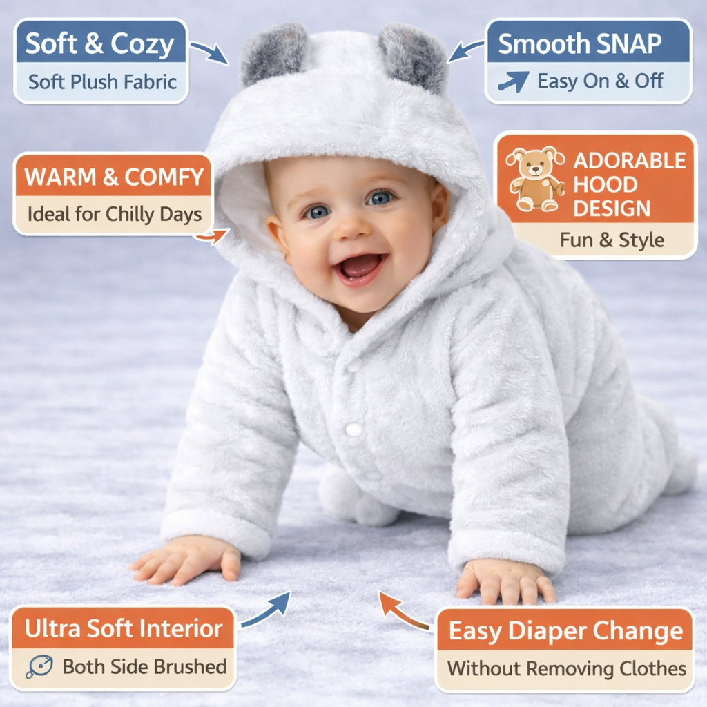 BRANDONN Baby Flannel Hooded Winter Romper – Newborn Jumpsuit Onesie with Snap Button (Solid)