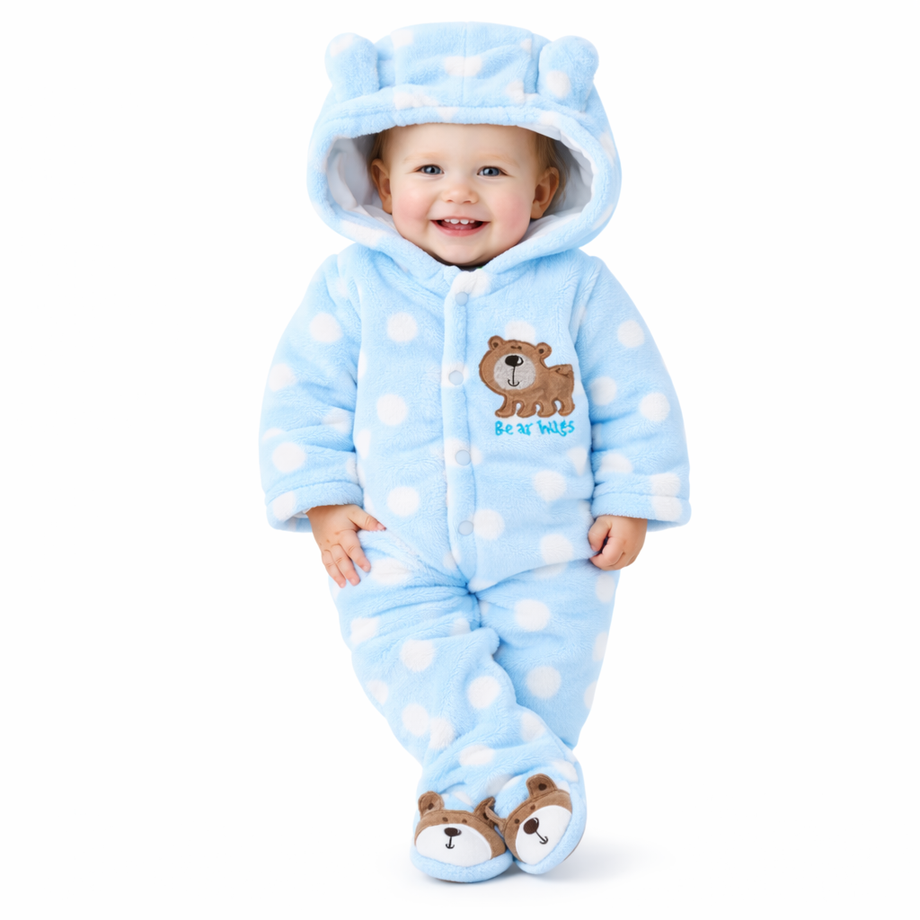 BRANDONN Baby Fleece Hooded Romper – Winter Newborn Onesie with Snap Buttons, Polka Print