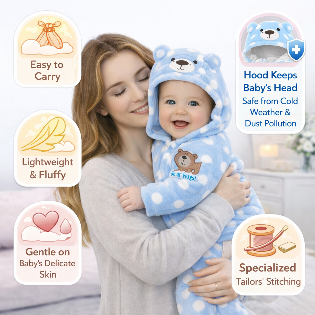 BRANDONN Baby Fleece Hooded Romper – Winter Newborn Onesie with Snap Buttons, Polka Print