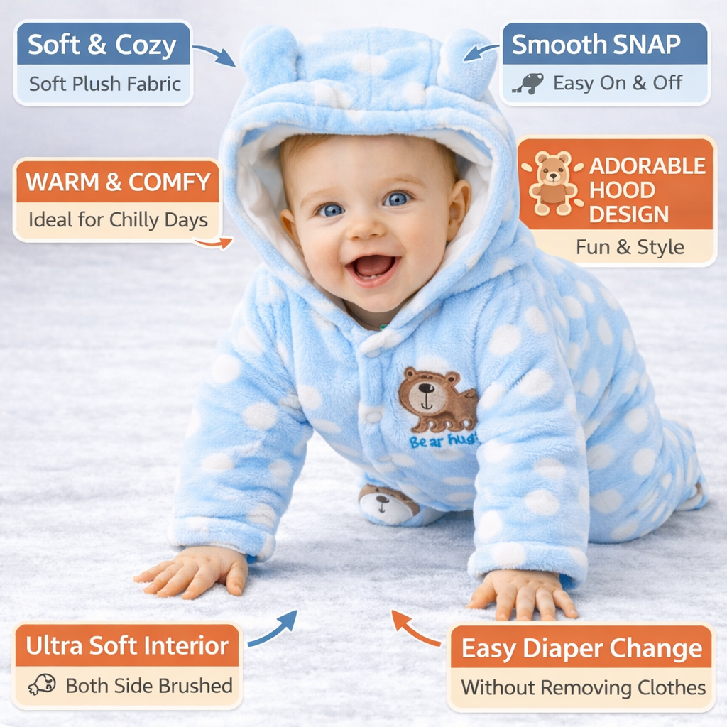 BRANDONN Baby Fleece Hooded Romper – Winter Newborn Onesie with Snap Buttons, Polka Print