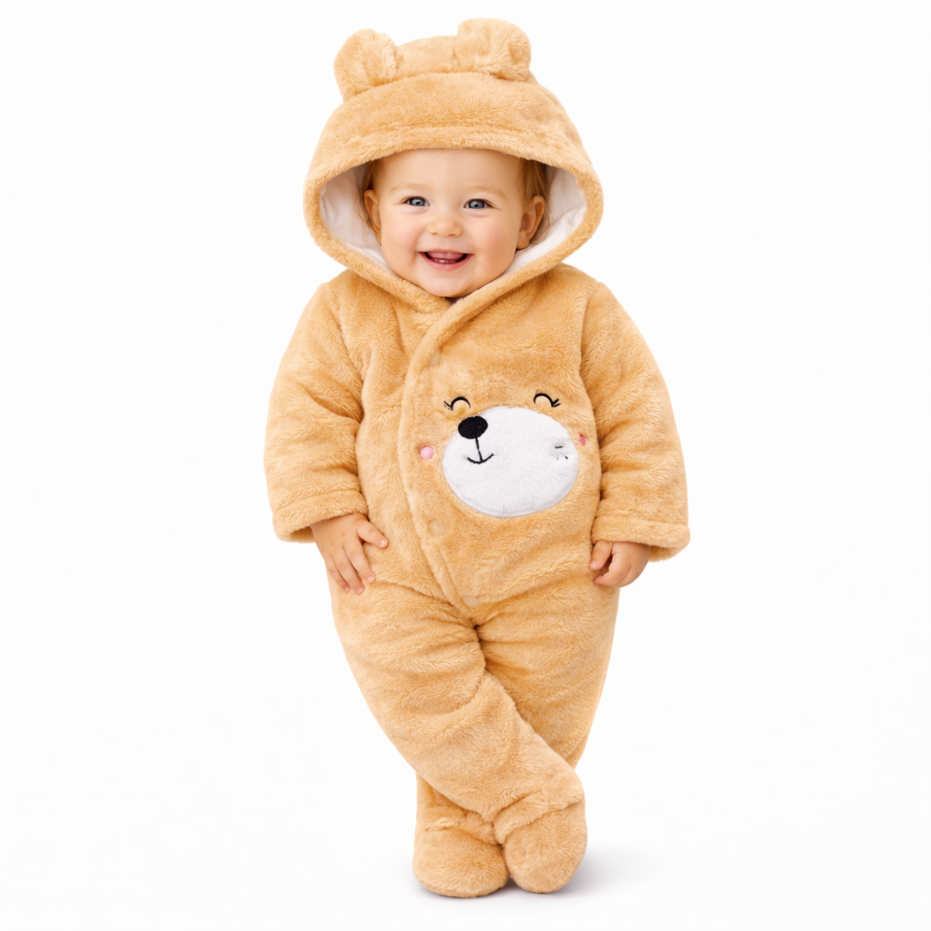 BRANDONN Baby Winter Coral Fleece Romper with Hood – 320 GSM Newborn Jumpsuit, Soft Hooded Onesie with Zipper, Teddy Embroided for Boys & Girls