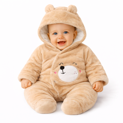 BRANDONN Baby Winter Coral Fleece Romper with Hood – 320 GSM Newborn Jumpsuit, Soft Hooded Onesie with Zipper, Teddy Embroided for Boys & Girls
