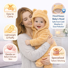BRANDONN Baby Winter Coral Fleece Romper with Hood – 320 GSM Newborn Jumpsuit, Soft Hooded Onesie with Zipper, Teddy Embroided for Boys & Girls