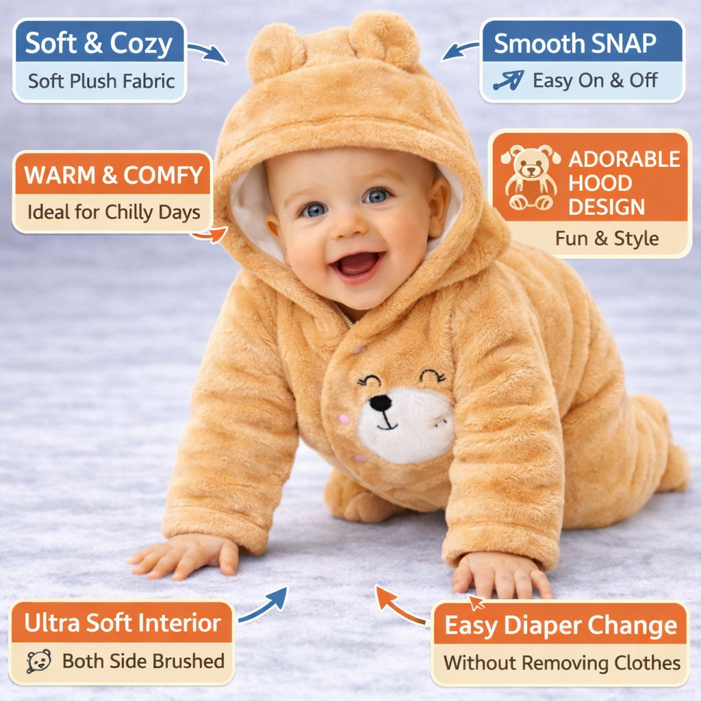 BRANDONN Baby Winter Coral Fleece Romper with Hood – 320 GSM Newborn Jumpsuit, Soft Hooded Onesie with Zipper, Teddy Embroided for Boys & Girls