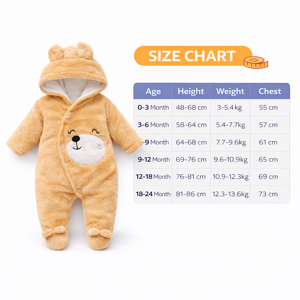 BRANDONN Baby Winter Coral Fleece Romper with Hood – 320 GSM Newborn Jumpsuit, Soft Hooded Onesie with Zipper, Teddy Embroided for Boys & Girls