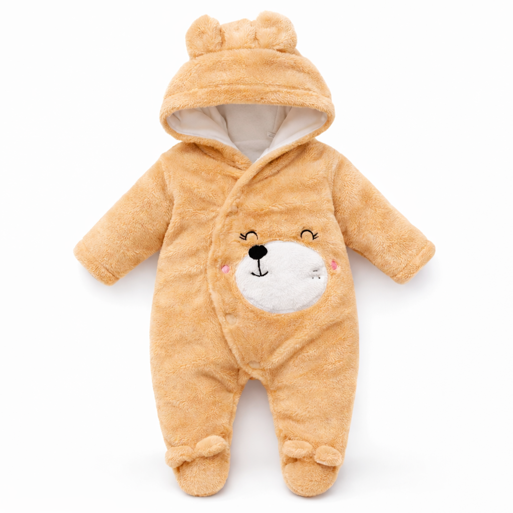 BRANDONN Baby Winter Coral Fleece Romper with Hood – 320 GSM Newborn Jumpsuit, Soft Hooded Onesie with Zipper, Teddy Embroided for Boys & Girls