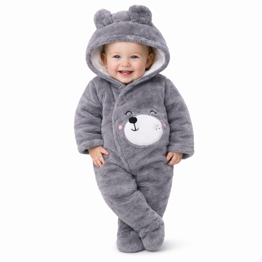 BRANDONN Baby Winter Coral Fleece Romper with Hood – 320 GSM Newborn Jumpsuit, Soft Hooded Onesie with Zipper, Teddy Embroided for Boys & Girls