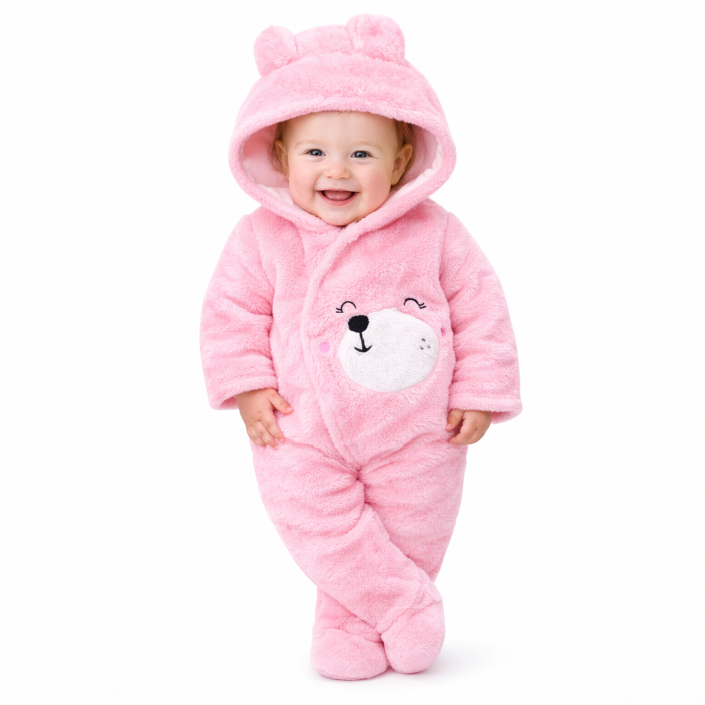 BRANDONN Baby Winter Coral Fleece Romper with Hood – 320 GSM Newborn Jumpsuit, Soft Hooded Onesie with Zipper, Teddy Embroided for Boys & Girls