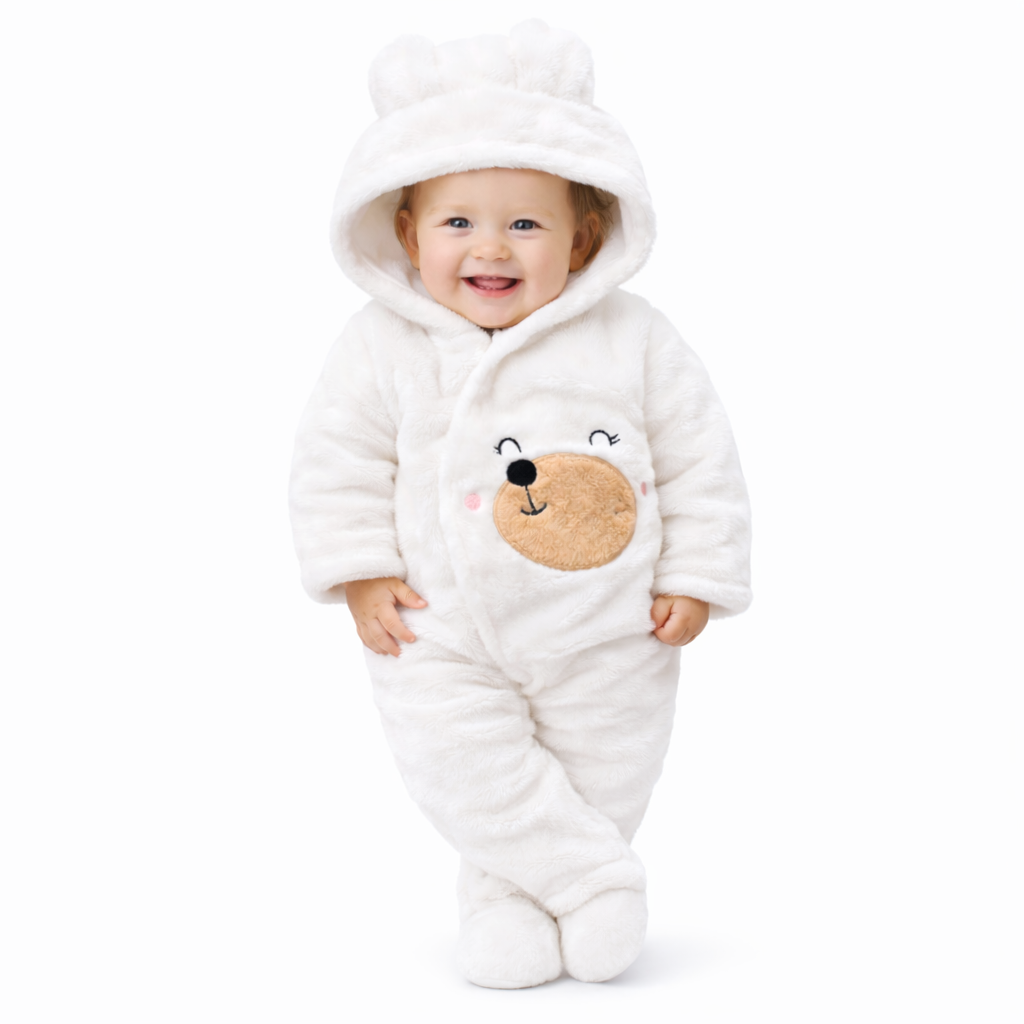 BRANDONN Baby Winter Coral Fleece Romper with Hood – 320 GSM Newborn Jumpsuit, Soft Hooded Onesie with Zipper, Teddy Embroided for Boys & Girls