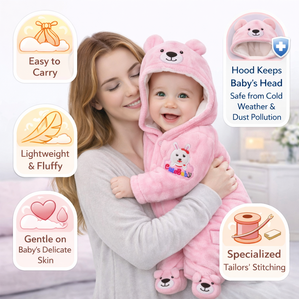 BRANDONN Baby Fleece Hooded Romper Winter Newborn Onesie Teddy Embroidered Jumpsuit