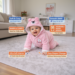 BRANDONN Baby Fleece Hooded Romper – Teddy Embroidered Winter Onesie