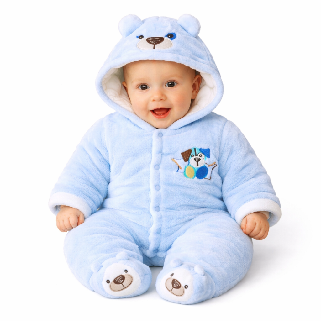 BRANDONN Baby Fleece Hooded Romper – Teddy Embroidered Winter Onesie