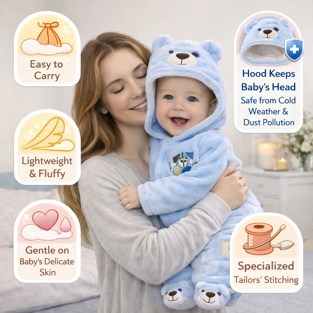 BRANDONN Baby Fleece Hooded Romper – Teddy Embroidered Winter Onesie