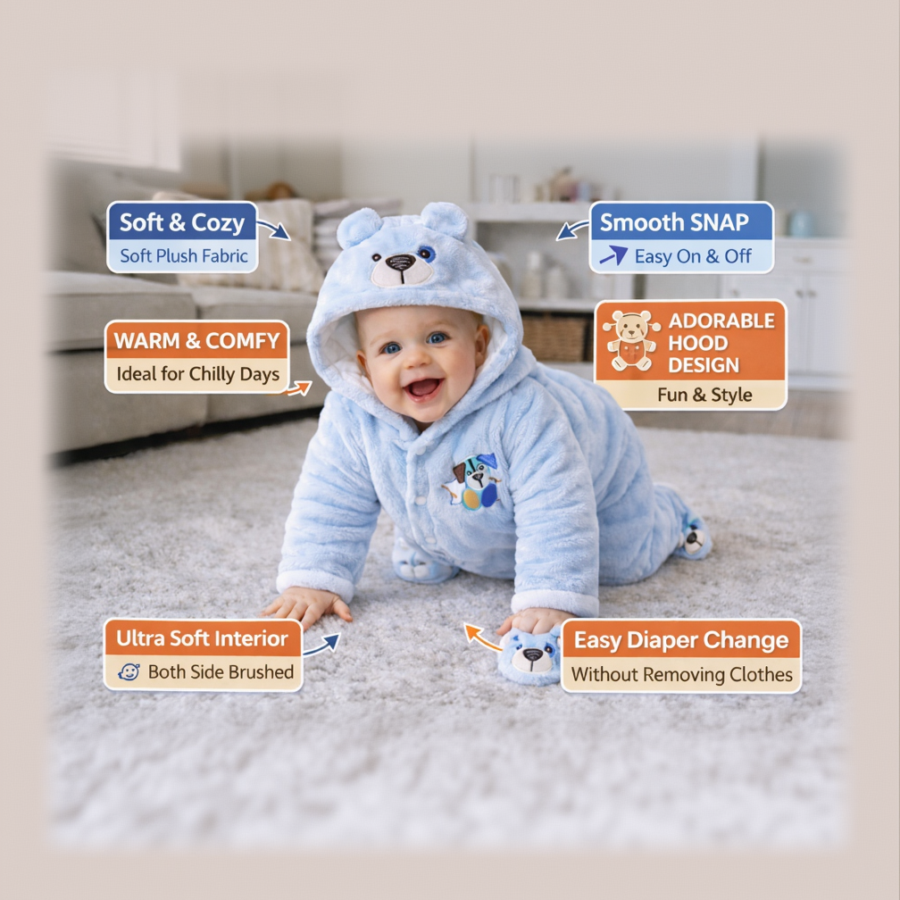 BRANDONN Baby Fleece Hooded Romper – Teddy Embroidered Winter Onesie