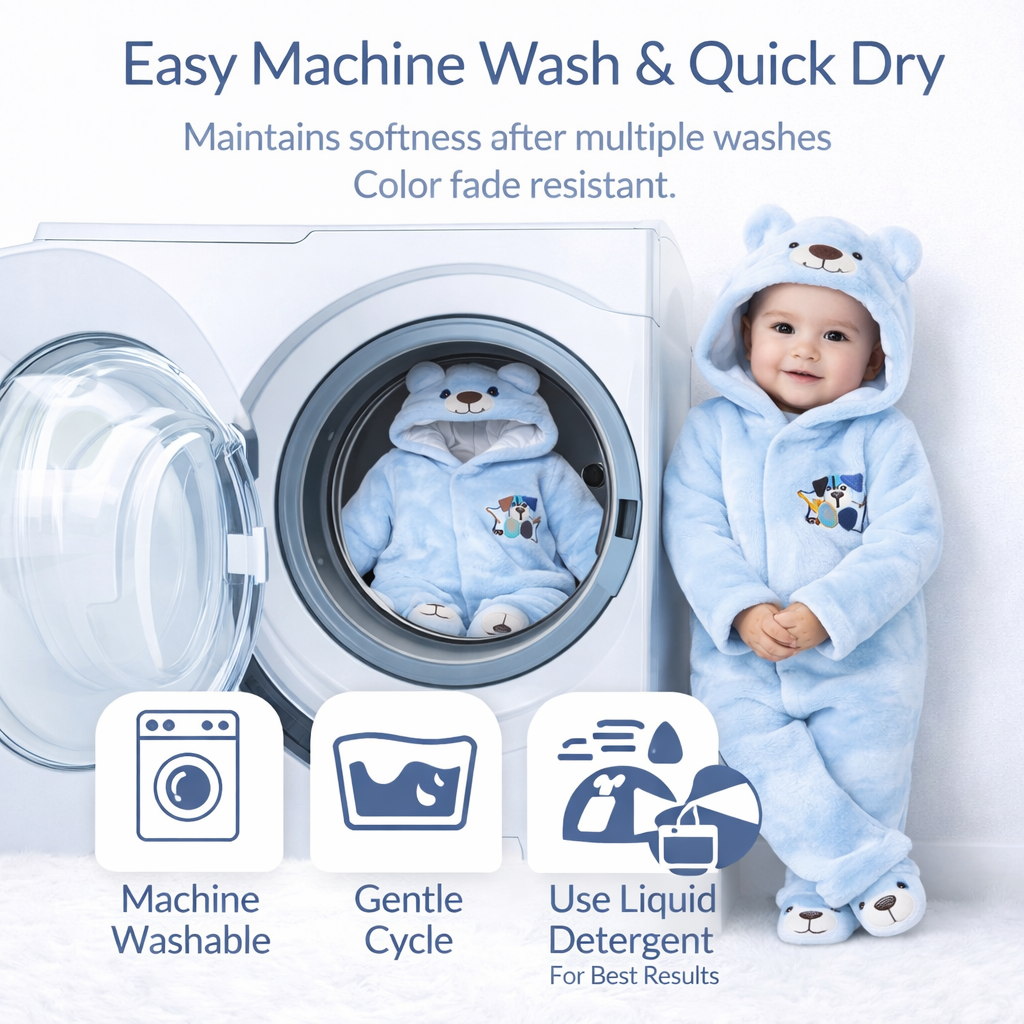 BRANDONN Baby Fleece Hooded Romper – Teddy Embroidered Winter Onesie