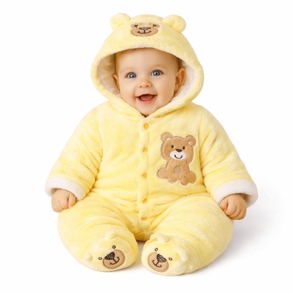 BRANDONN Baby Fleece Hooded Romper – Teddy Embroidered Winter Onesie
