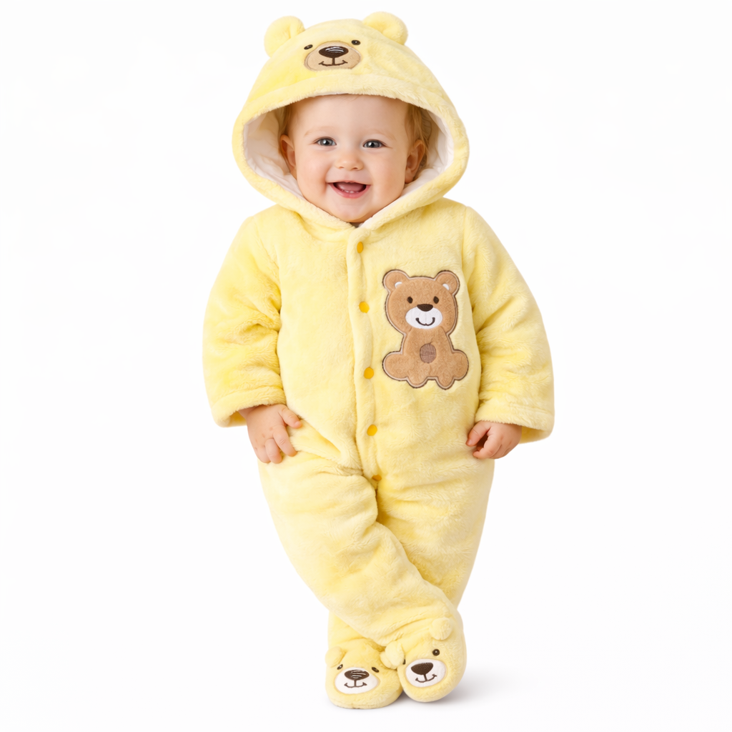 BRANDONN Baby Fleece Hooded Romper Winter Newborn Onesie Teddy Embroidered Jumpsuit