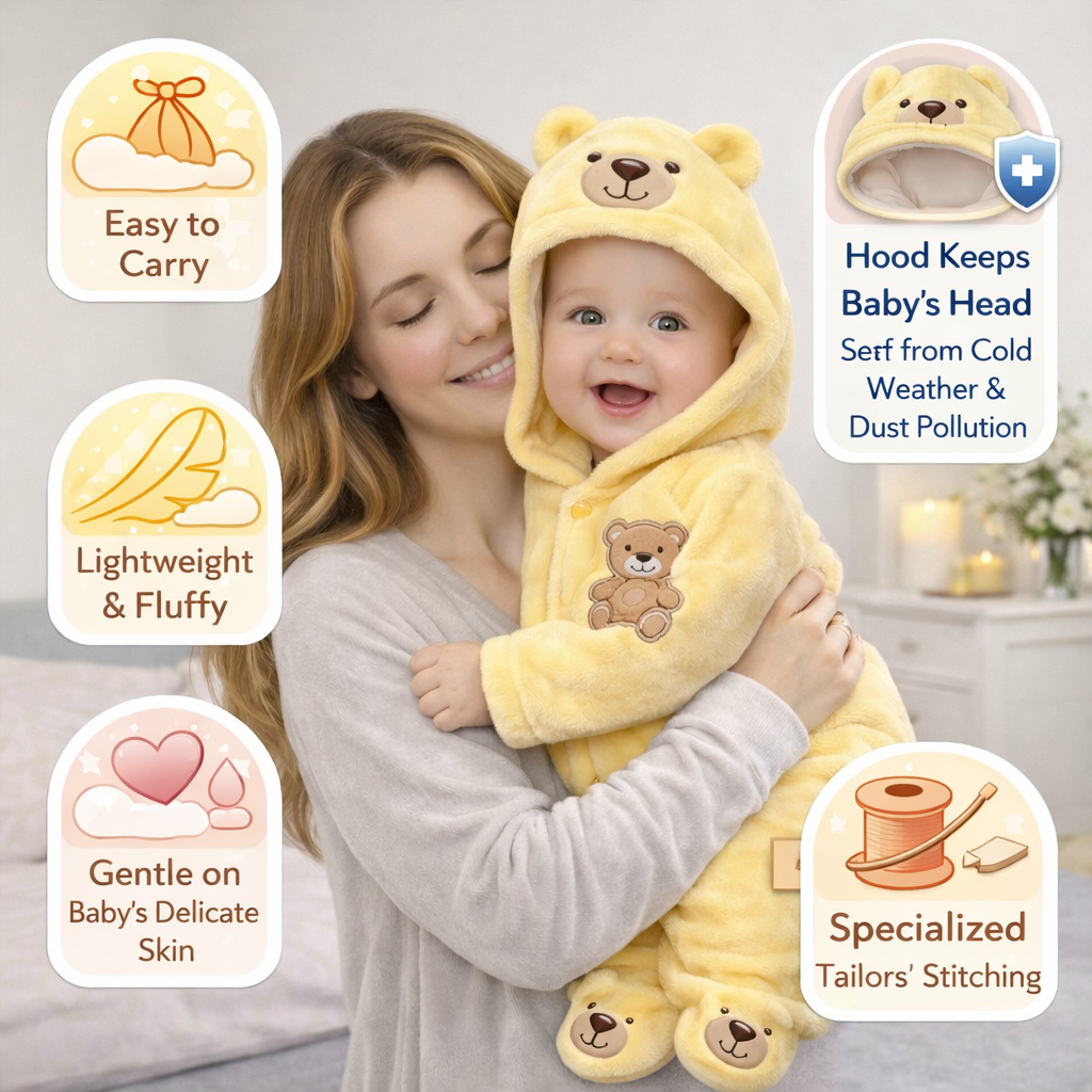 BRANDONN Baby Fleece Hooded Romper – Teddy Embroidered Winter Onesie