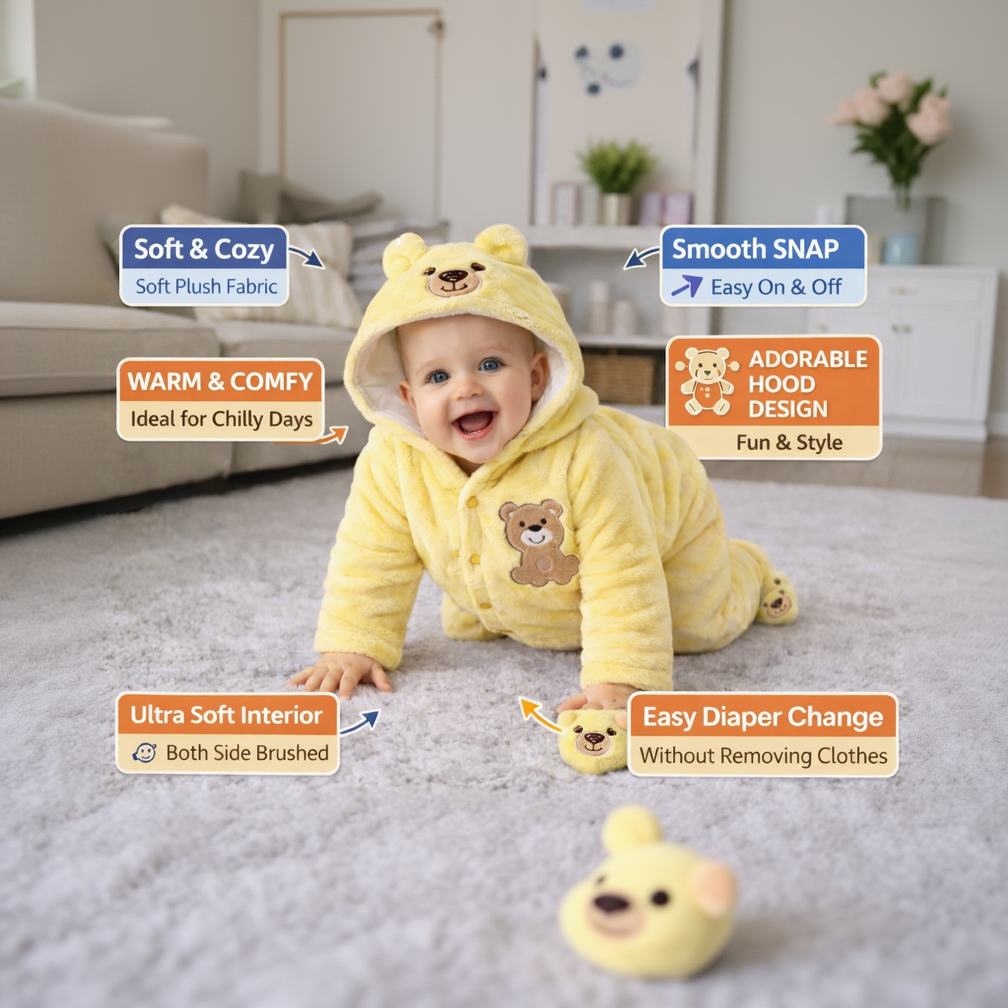 BRANDONN Baby Fleece Hooded Romper – Teddy Embroidered Winter Onesie