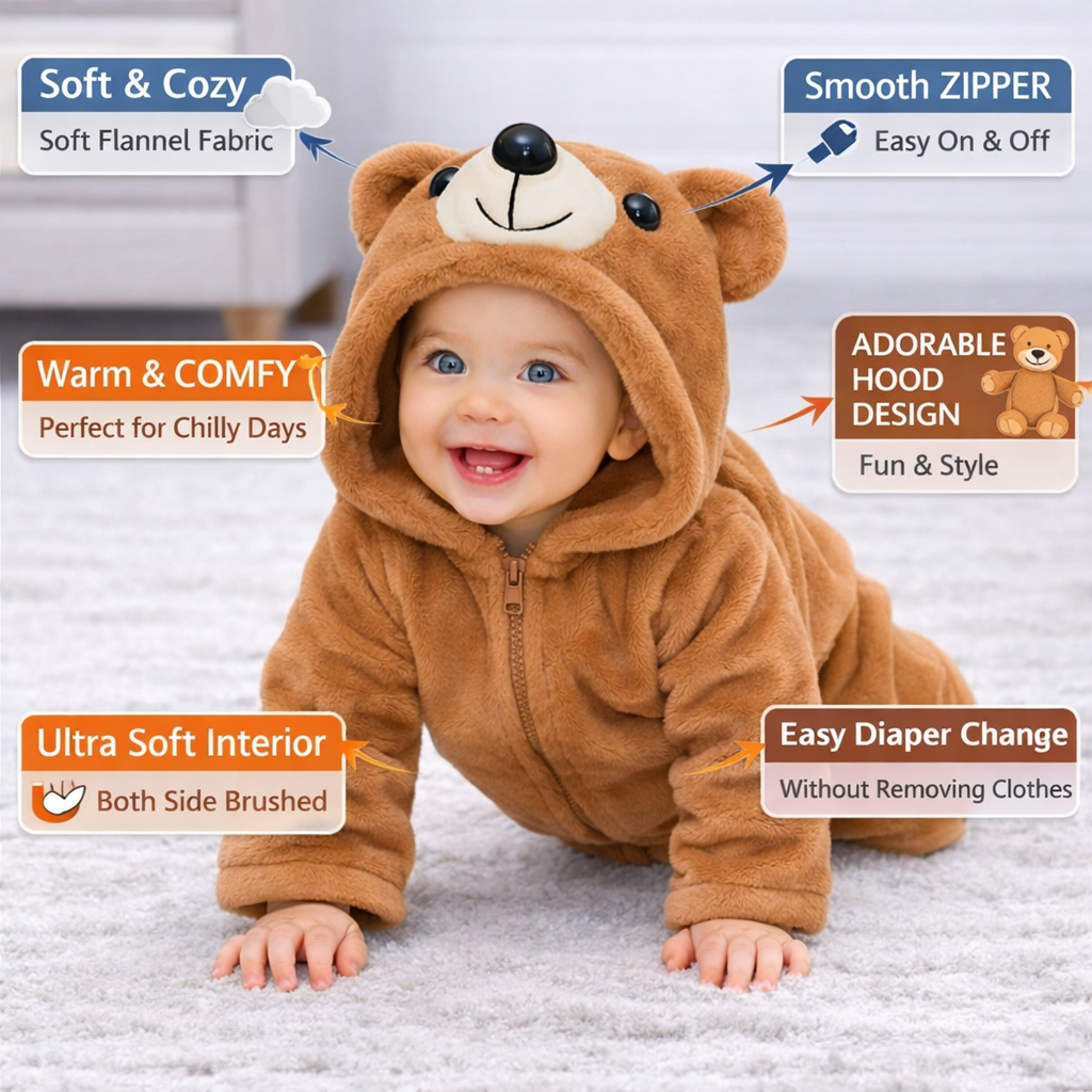 BRANDONN Baby Winter flannel Hooded Romper – Soft Warm Newborn Zipper Onesie