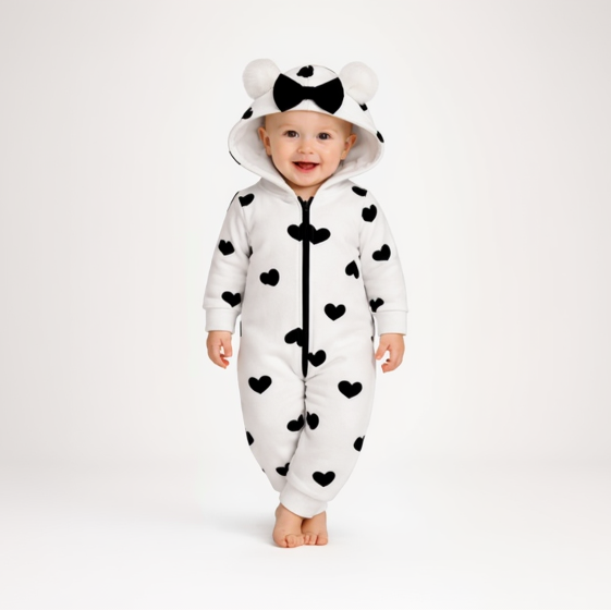 BRANDONN Baby Winter Fleece Hooded Romper – 320 GSM Heart Print Zipper Onesie