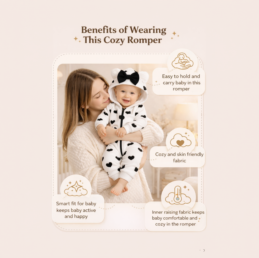 BRANDONN Baby Winter Fleece Hooded Romper – 320 GSM Heart Print Zipper Onesie