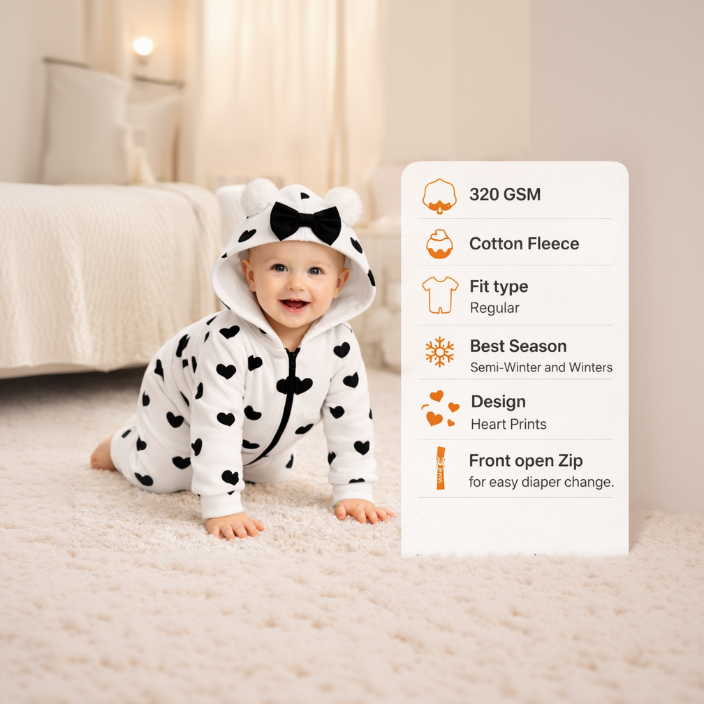 BRANDONN Baby Winter Fleece Hooded Romper – 320 GSM Heart Print Zipper Onesie