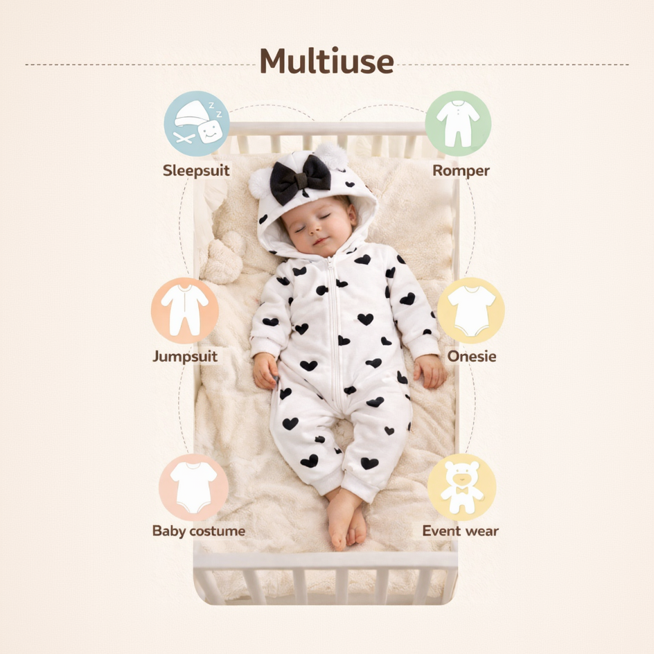 BRANDONN Baby Winter Fleece Hooded Romper – 320 GSM Heart Print Zipper Onesie