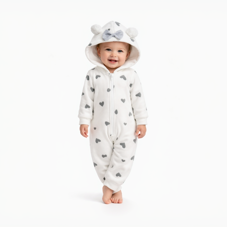 BRANDONN Baby Winter Fleece Hooded Romper – 320 GSM Heart Print Zipper Onesie